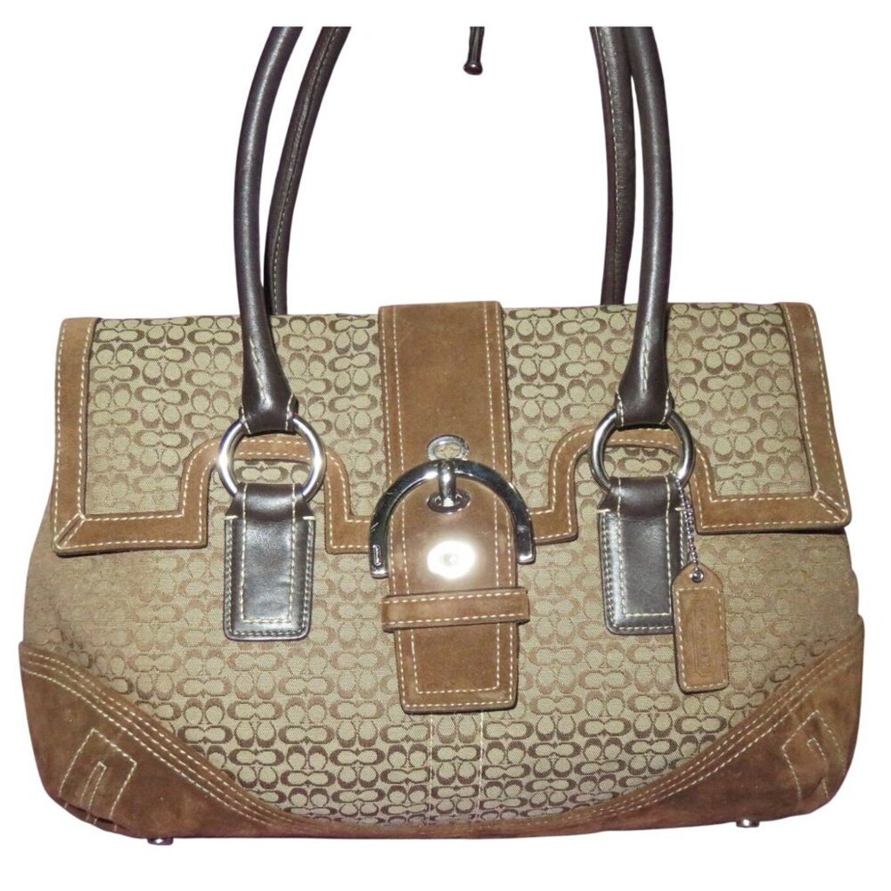 Coach 2005 Soho Canvas, Suede & Leather Trim Signature Buckle Flap Satchel